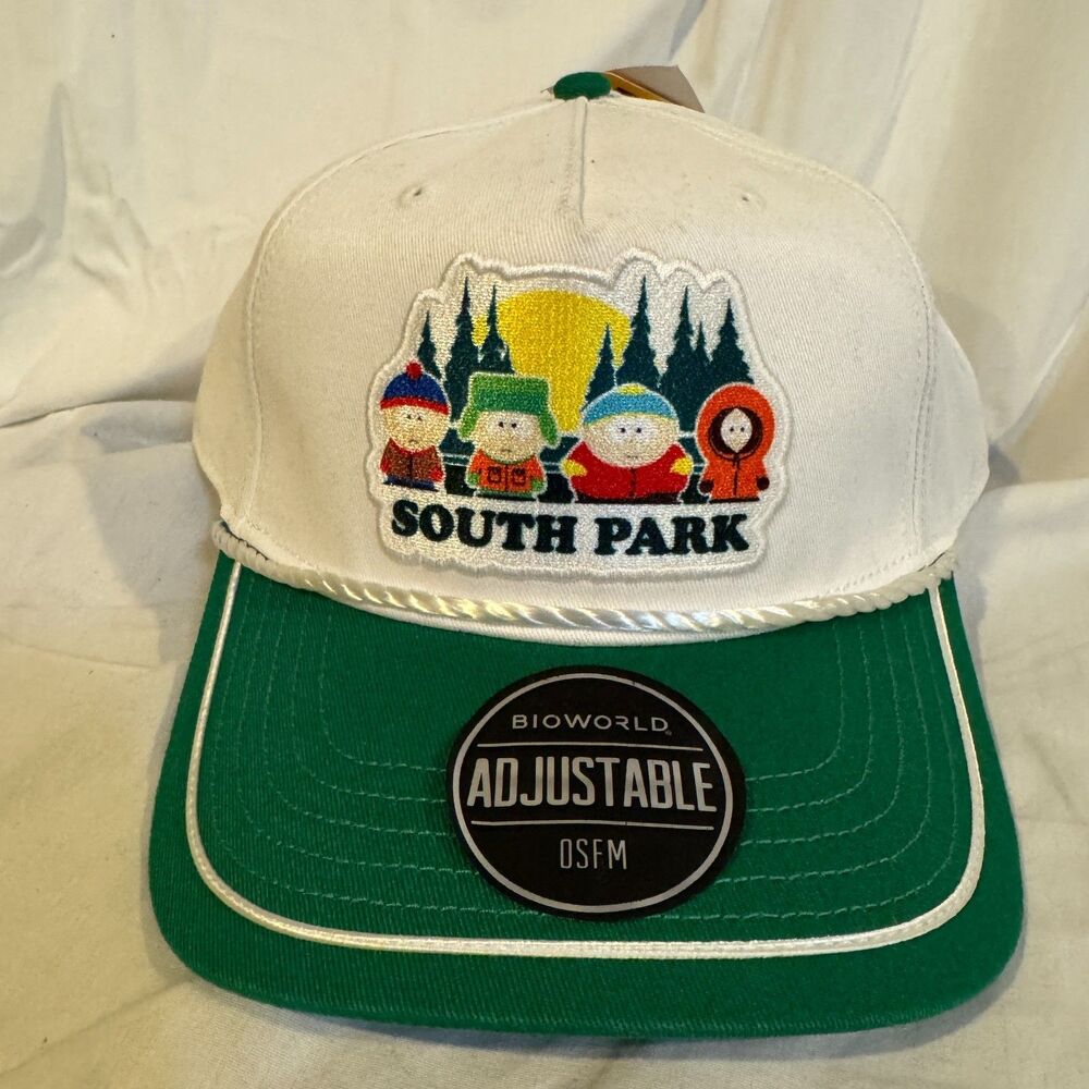 South Park Hat Bioworld Stan Kyle Cartman Kenny White Green Rope Snapback Cap